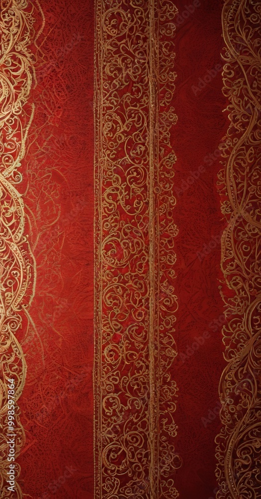 Poster a close-up view red fabric with gold embroidered patterns the fabric is adorned with vertical stripe