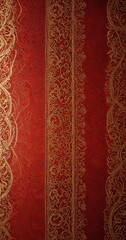 a close-up view red fabric with gold embroidered patterns The fabric is adorned with vertical stripes and intricate designs, creating a visually striking and