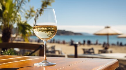 Obraz premium A wine glass with white wine and a seaside setting
