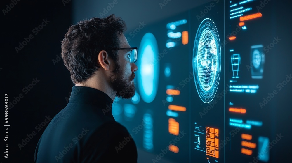 Poster a focused man analyzes digital data on a futuristic display, merging technology and innovation in a 