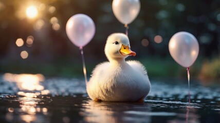 A cheerful duck surrounded by colorful balloons, gently floating on a calm body of water.