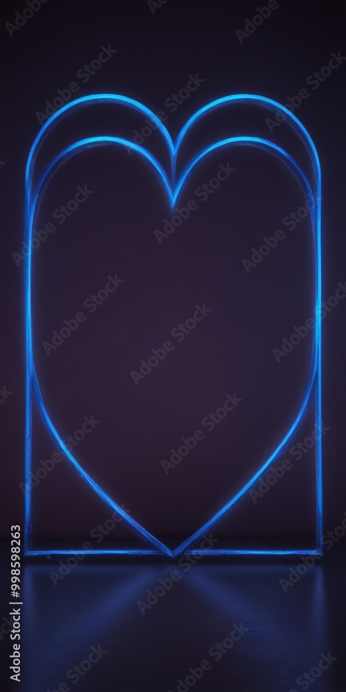 Poster a neon heart-shaped frame is displayed against a dark background, casting a reflection on the floor 