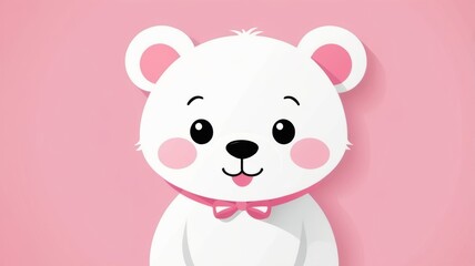 A white bear wearing a pink bow tie stands out against a soft pink background.
