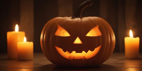 A carved jack-o'-lantern with a smiling face sits on a wooden surface, flanked by two lit candles, creating a warm and festive Halloween atmosphere