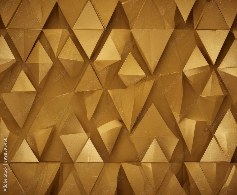 Poster a close-up view golden geometric pattern composed of numerous triangular shapes arranged in a repeat