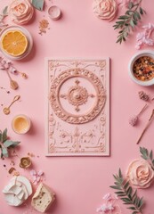 A pink floral arrangement with a decorative frame, a bowl of fruit, a candle, and various other objects arranged around it