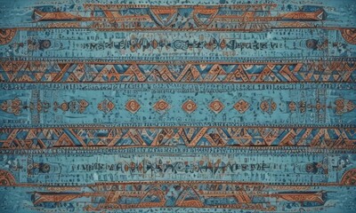 a repeating pattern of geometric shapes and symbols in shades of blue, orange, and brown, creating a visually striking and intricate design