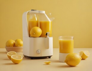 A white juicer filled with fresh orange juice sits on a table, surrounded by whole and sliced lemons, with a glass of orange juice nearby