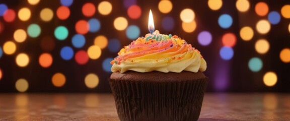 A chocolate cupcake with a single lit candle sits on a wooden surface, surrounded by a background of colorful bokeh lights