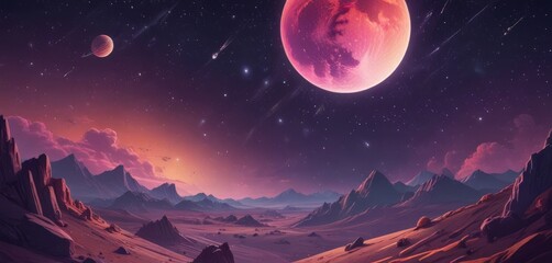 A surreal, fantastical landscape with a large, glowing red planet dominating the sky, surrounded by smaller planets and comets, with mountains and a desert in the foreground