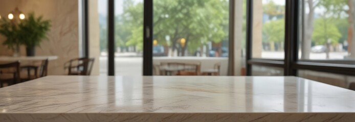 A marble countertop in a restaurant or cafe, with a blurred view of the outdoor seating area and trees through large windows