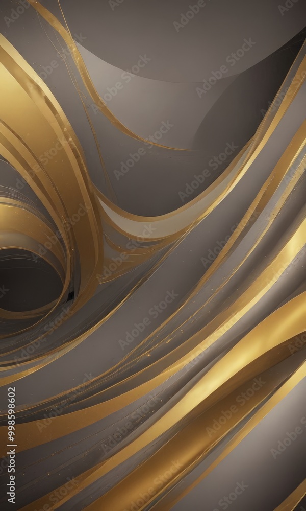 Poster a striking abstract composition of curved lines in shades of gray and gold, creating a sense of move