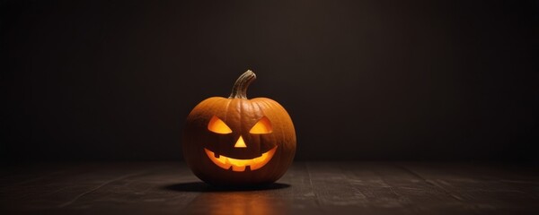 A carved pumpkin with a smiling jack-o'-lantern face sits on a dark wooden surface, casting a warm glow that illuminates the surrounding area
