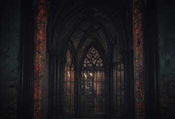 a dimly lit, Gothic-style interior space with a large, ornate archway featuring intricate stained glass windows