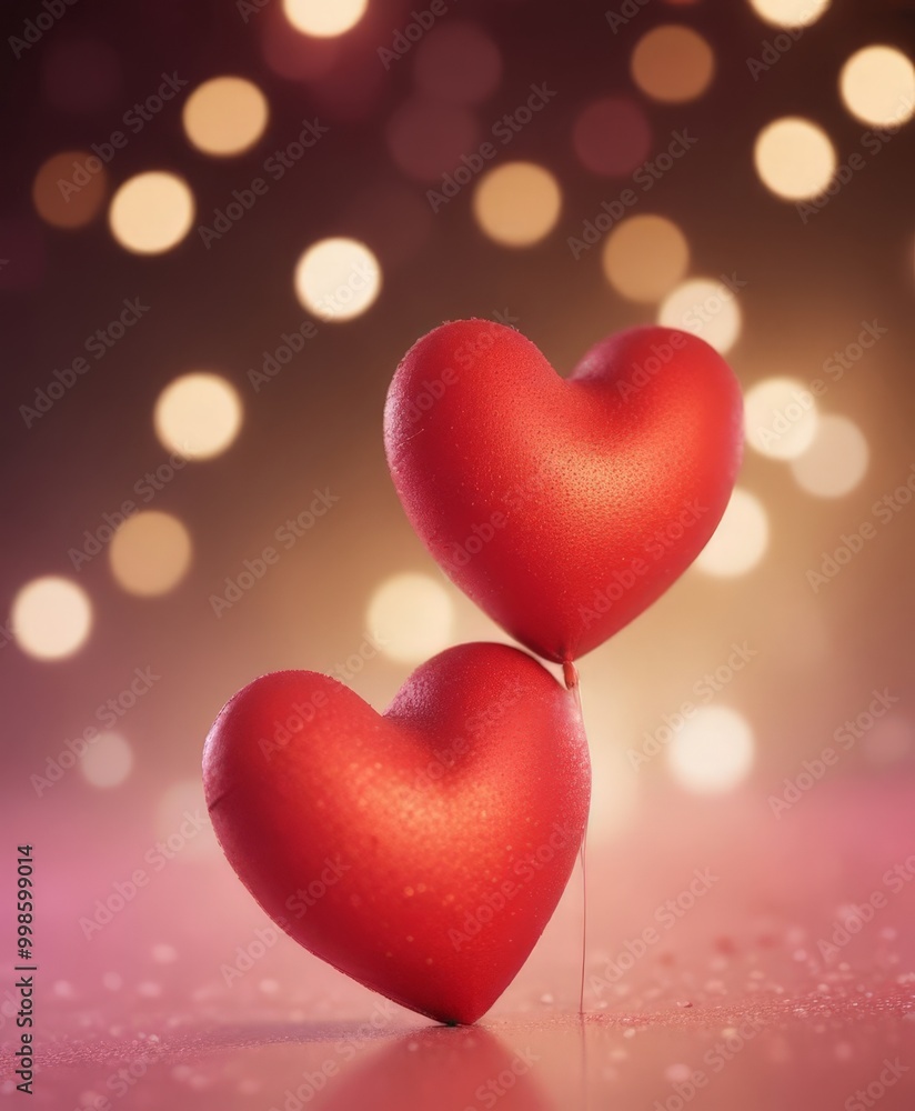Poster Two red heart-shaped balloons are connected by a string, set against a background of blurred bokeh lights