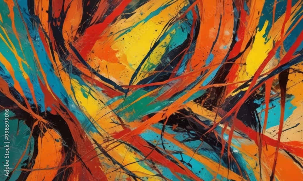Poster an abstract painting featuring a vibrant mix of colors and brushstrokes, creating a dynamic and ener
