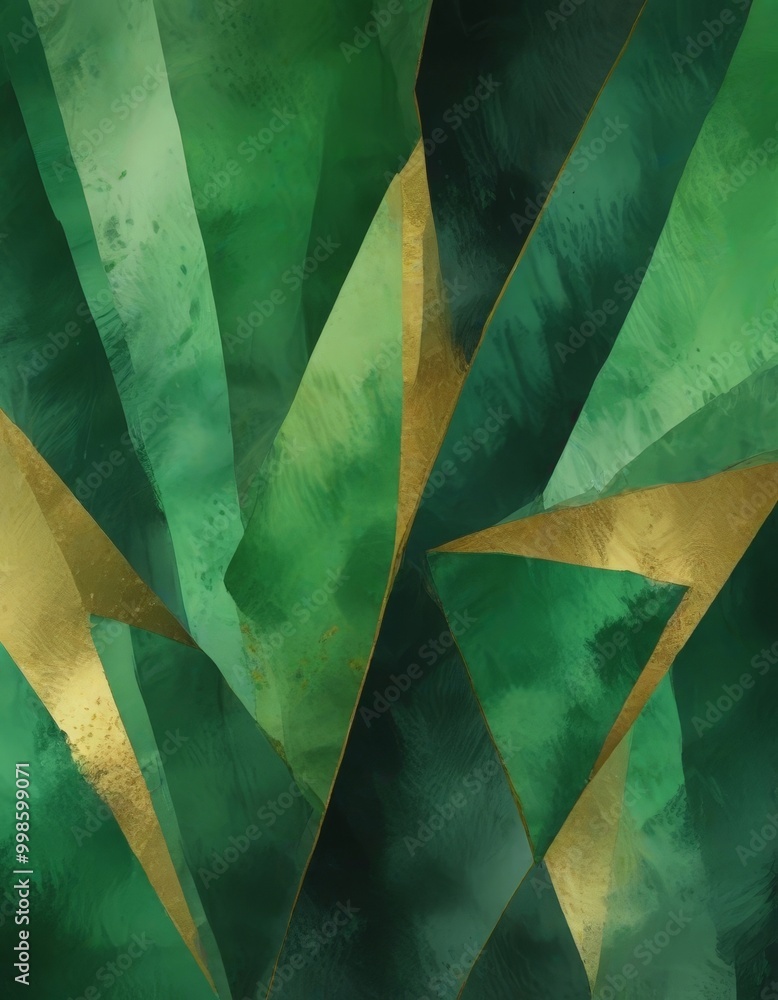 Poster an abstract painting featuring a vibrant composition of overlapping green and gold shapes, creating 