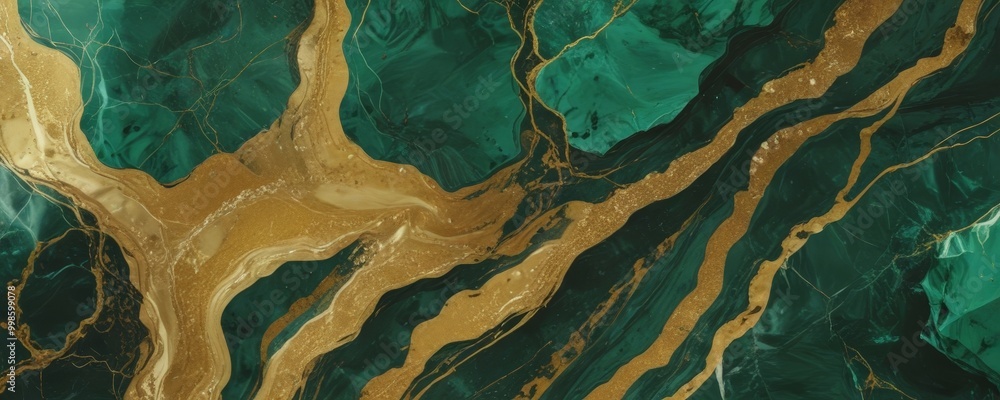 Poster a marble surface with a swirling pattern of green and gold hues, creating a sense of movement and de