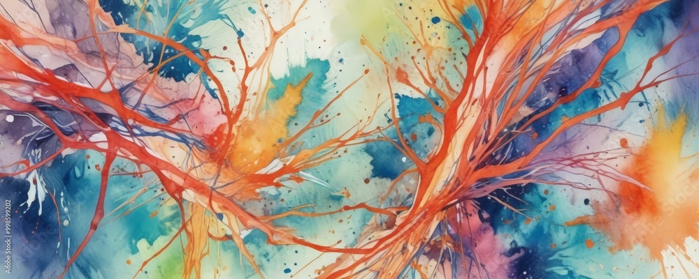 Poster an abstract painting featuring a vibrant and dynamic composition of overlapping brushstrokes in vari