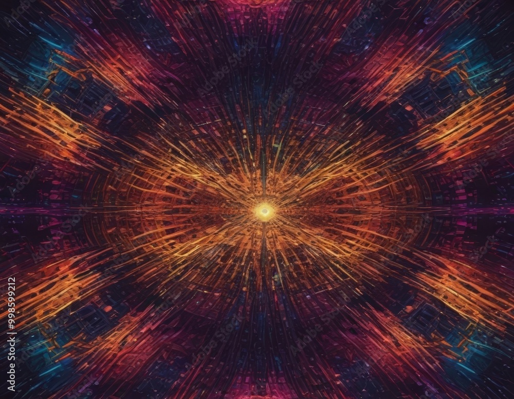 Poster a vibrant, abstract pattern with a central bright light surrounded by radiating lines in various col