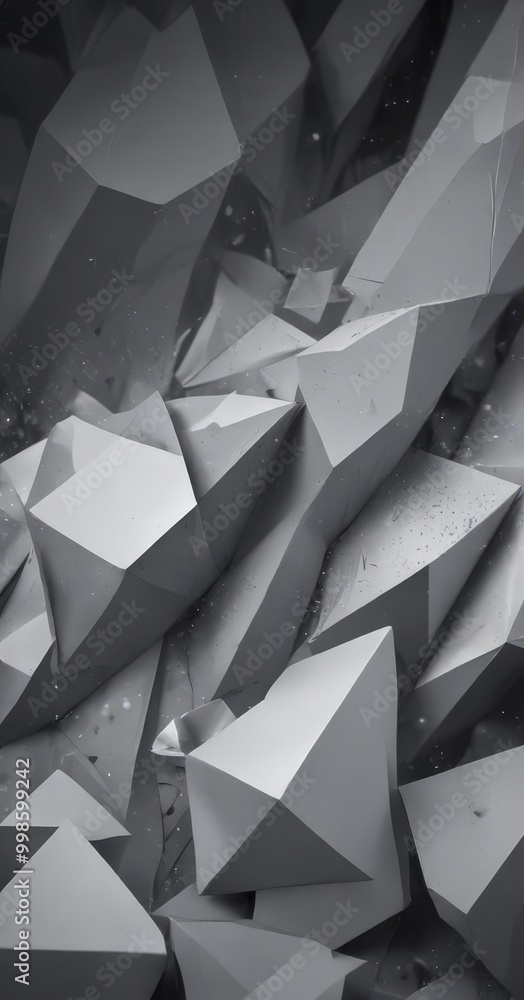 Poster a black and white photograph complex arrangement of geometric shapes, predominantly triangular and rectangular, with a sense of depth and texture