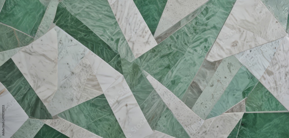 Poster a close-up view mosaic pattern composed of various shades of green and white tiles arranged in a complex, overlapping design