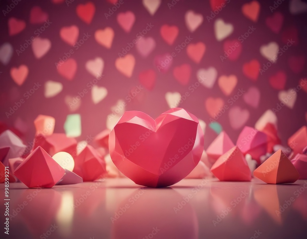 Poster A heart-shaped object stands out among a collection of smaller heart-shaped objects, set against a background of pink and red hearts