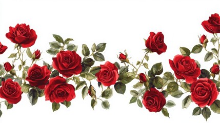 Charming red rose border with intricate petals and lush greenery. The realistic floral patterns and rich red hues add a touch of elegance and romance