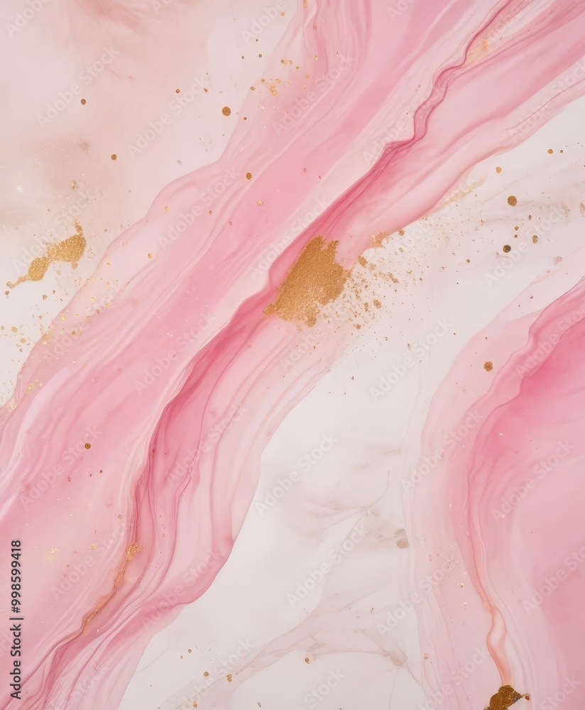 Poster a pink and white marble-like abstract background with gold accents, creating a visually striking and