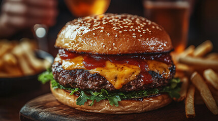 Close-Up of Juicy Cheeseburger with Sesame Bun Melted Cheese and Ketchup Served with Fries Blurred Barbecue Party Background