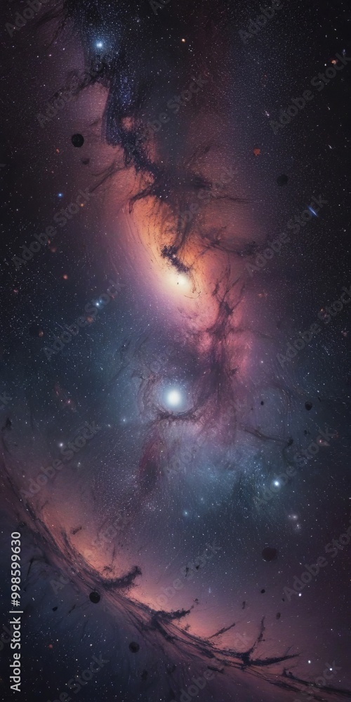 Poster a vibrant and dynamic cosmic scene, featuring a swirling galaxy with a bright central core surrounde