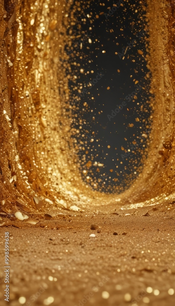 Poster a tunnel of golden glittering sand with a dark background, creating a sense of depth and mystery
