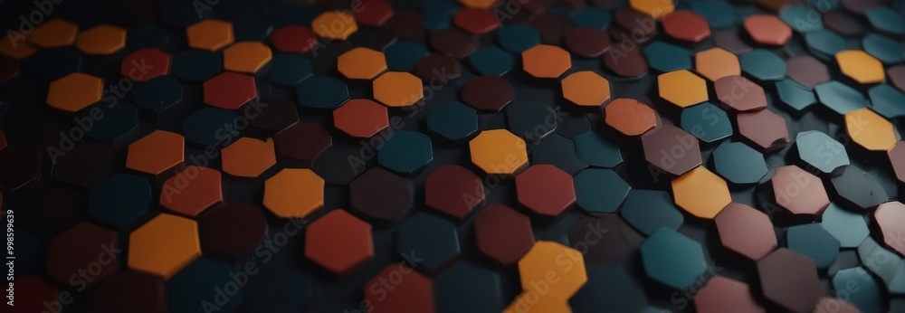 Poster A close-up view pattern of multicolored hexagonal tiles, with a gradient of warm and cool tones