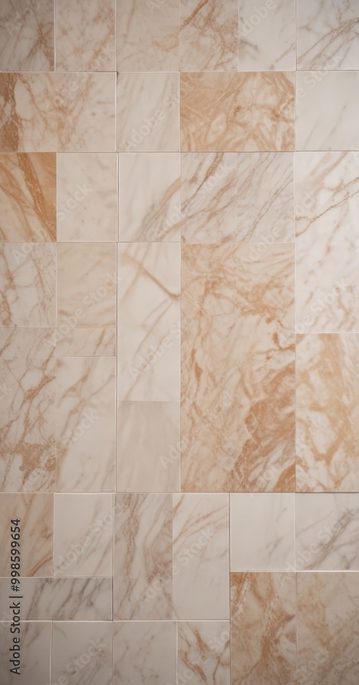 Aufkleber a close-up view marble tile wall, with the tiles arranged in a grid-like pattern The tiles exhibit a light beige color with subtle brown and white marble patterns,
