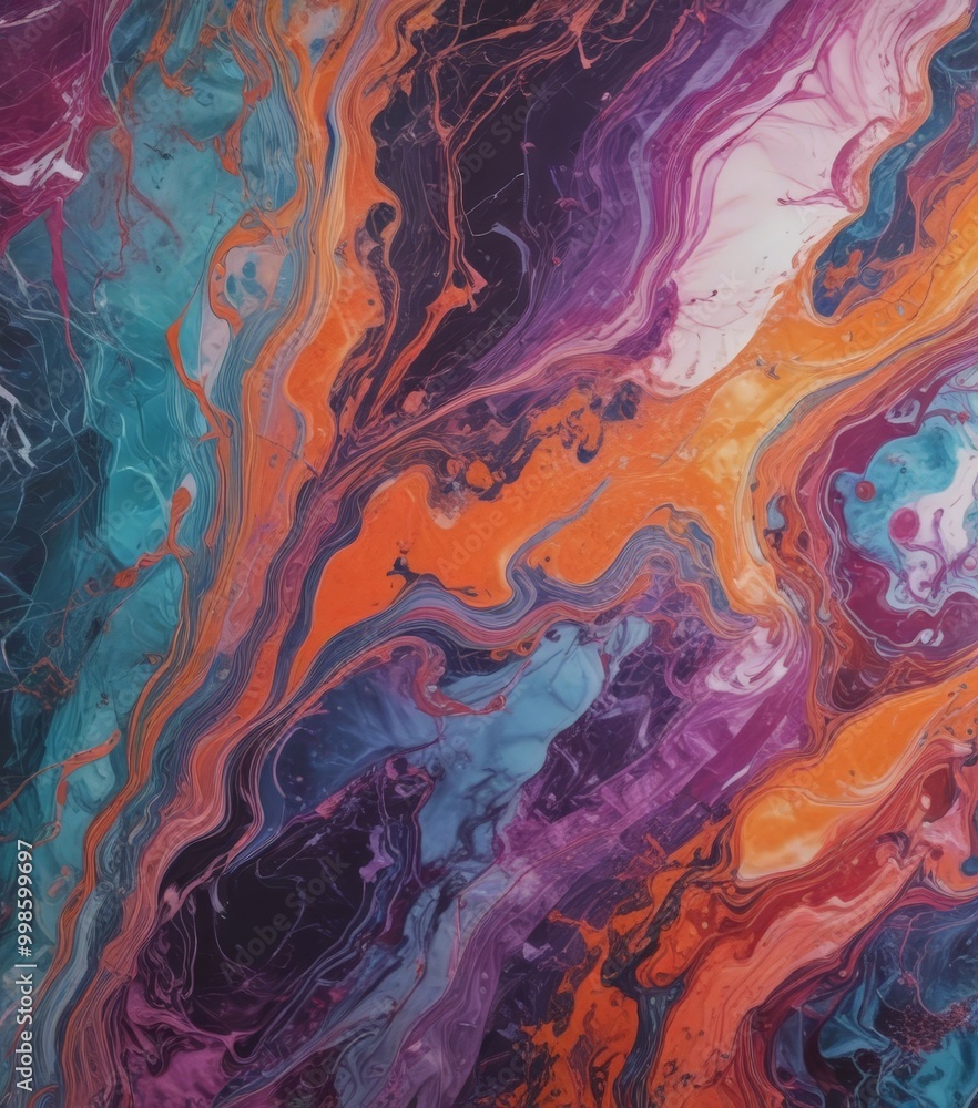 Poster a vibrant abstract painting with swirling patterns of orange, blue, and purple hues, creating a dyna