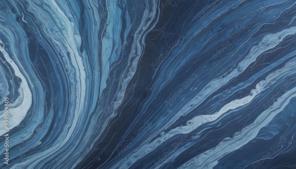 Poster a close-up view marble surface with a swirling pattern of blue and white hues, creating a sense of movement and depth