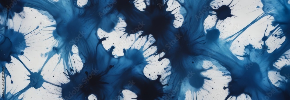 Poster a close-up view of abstract blue and white ink splatters on a white background