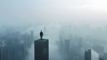 Businessman Contemplating Climate Change Solutions Overlooking Smog Covered City