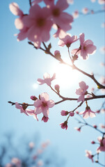 Obraz premium Sakura. Branches with pink flowers on a plain background for publications.