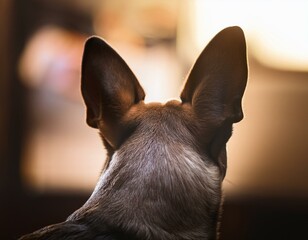 A close-up back view of a dog's head focusing on its upright ears, captured in soft, warm lighting, creating a calm mood.