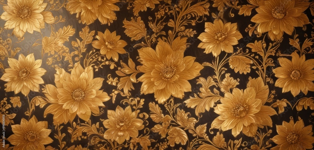Poster a close-up view gold-colored floral pattern on a dark background The pattern features large, detailed flowers with intricate designs, creating a visually striking