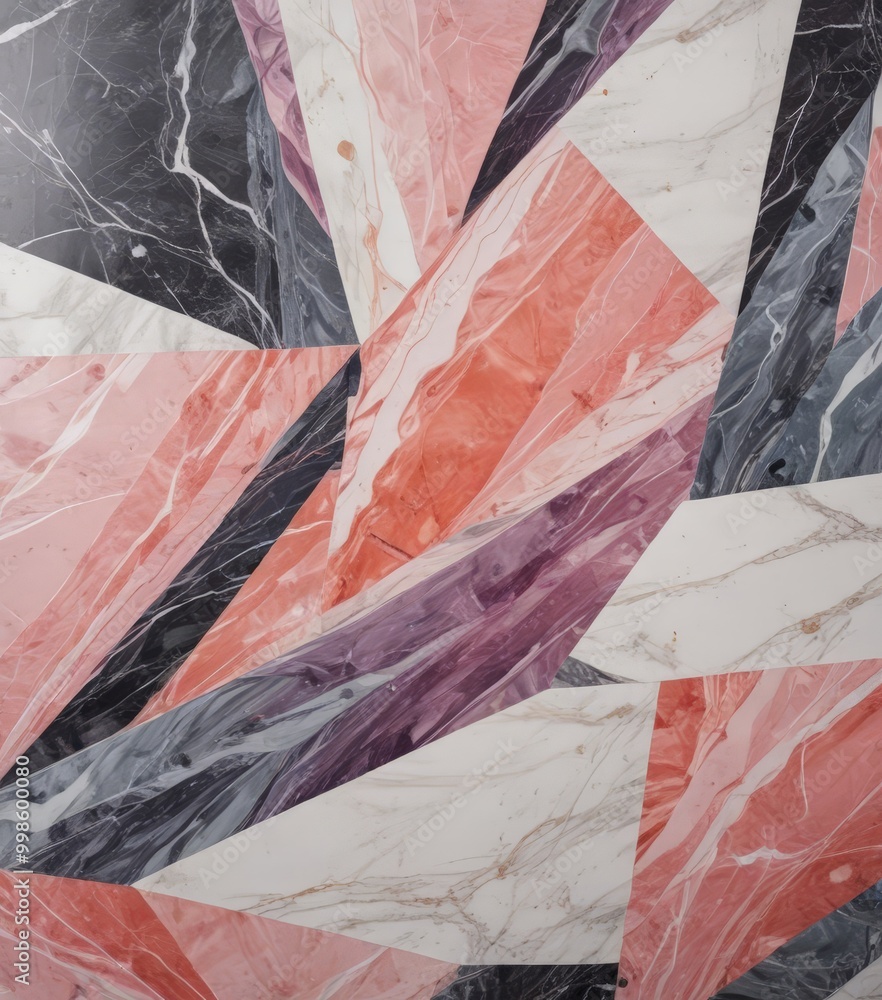 Poster a close-up view marble surface with a geometric pattern composed of intersecting lines and curves in various shades of pink, black, and white