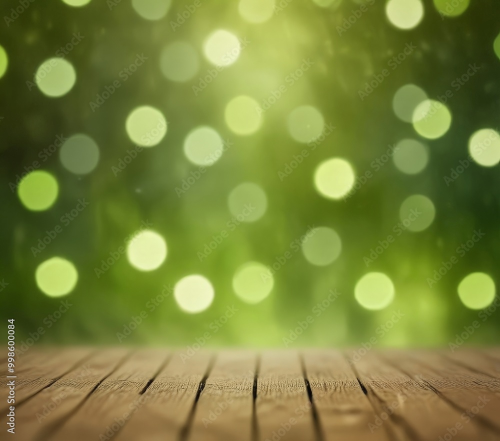 Poster a wooden table with a blurred background of green bokeh lights