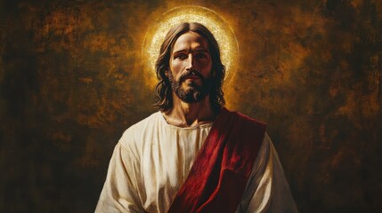 A serene depiction of a compassionate figure with a radiant halo in a timeless, spiritual setting. Generative AI