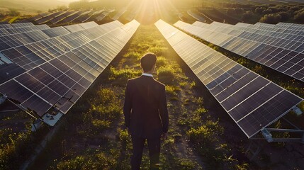 Obraz premium Businessman Discussing Renewable Energy Investments with Engineers in Solar Panel Field