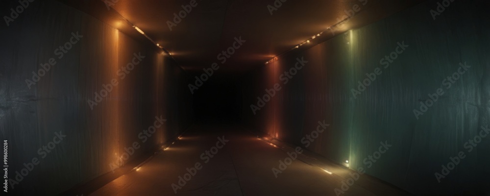 Aufkleber A long, dimly lit corridor with two parallel walls on either side, illuminated by a series of small, glowing lights that cast a warm, orange glow on the walls
