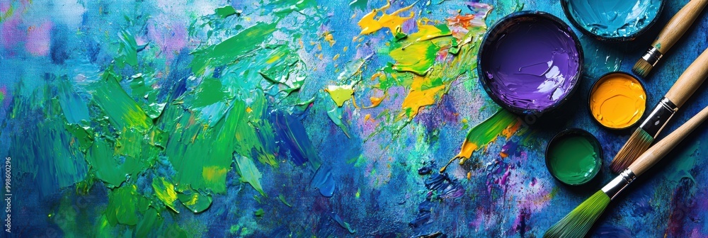 Leinwandbilder brightly colored paint splatters decorate a canvas as brushes rest nearby, inviting artistic express