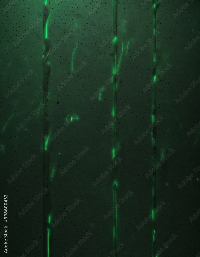 Poster a dark green wall with three vertical lines of light shining through, creating a pattern of glowing green spots