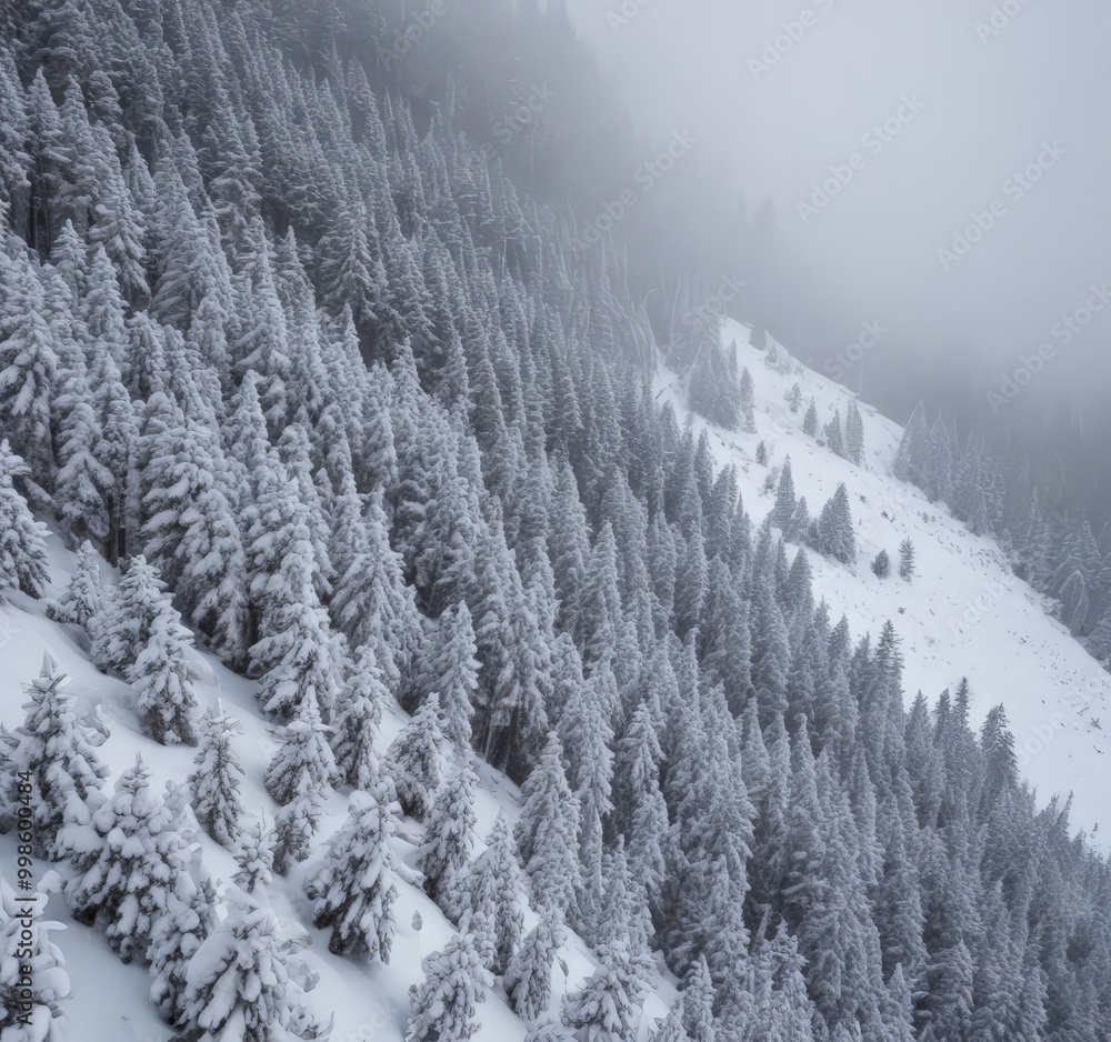 Poster a snow-covered forest with evergreen trees and a foggy mountain slope in the background