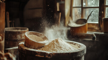 A traditional process of grinding grain into flour in an old mill. Flour falls through a sieve, creating a cloud of dust illuminated by light from the window